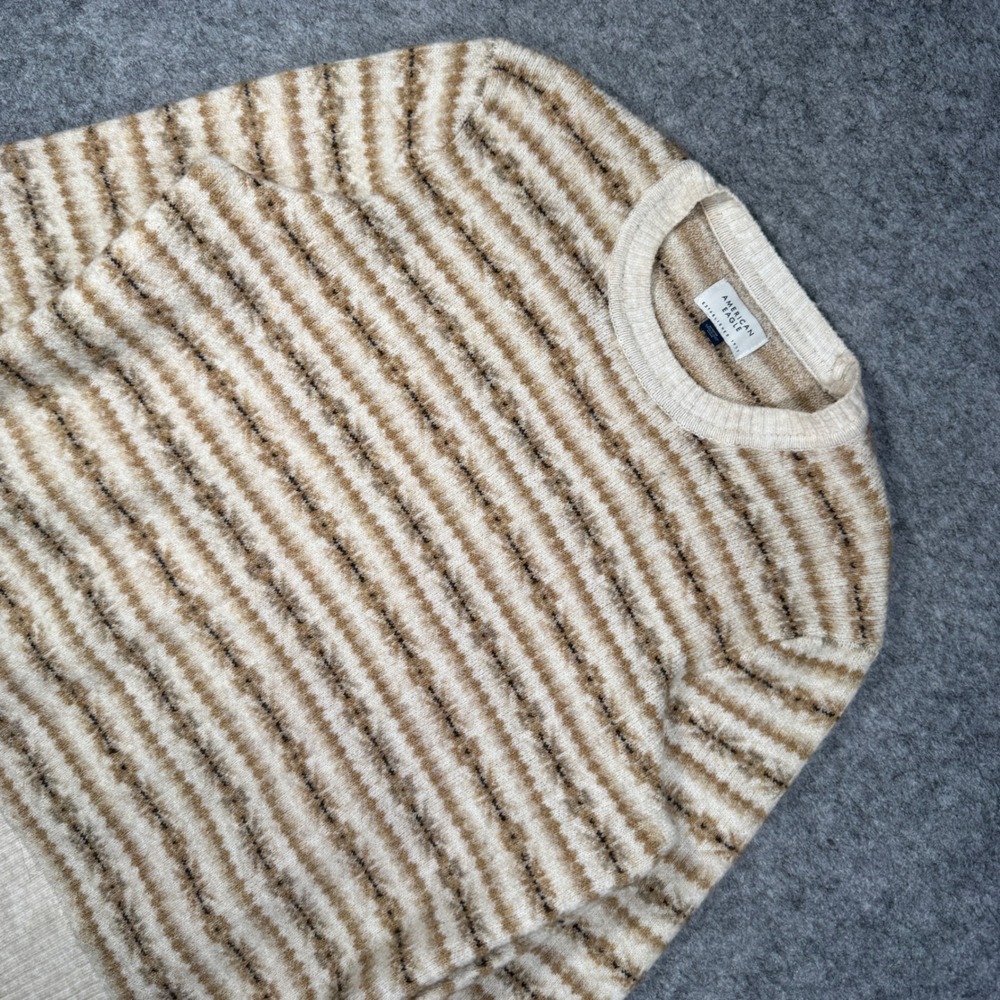 American Eagle Womens Medium‎ Striped Crewneck Sweater Beige Brown Fuzzy Knitt